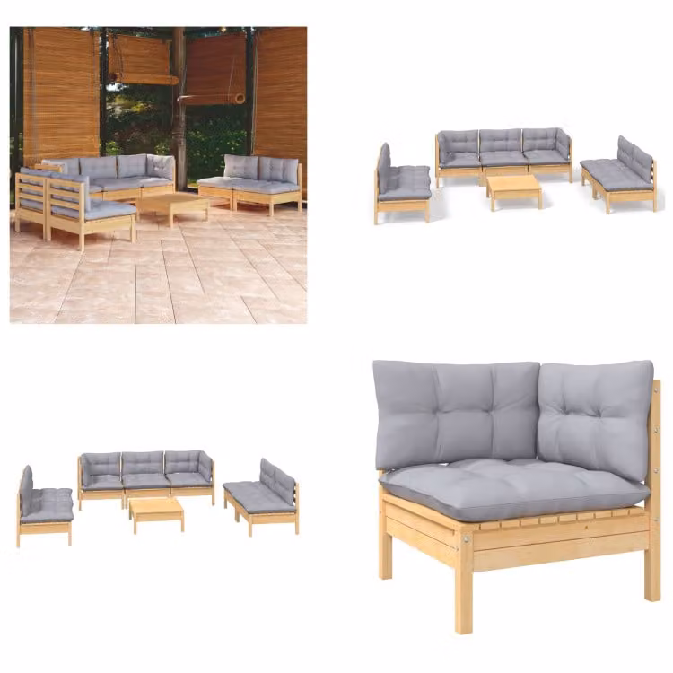 vidaXL Set salotto da giardino 8 pezzi con cuscini grigi in pino massiccio - Set salotto da giardino - Set salotto da giardino - Set mobili da giardino - Set mobili da giardino