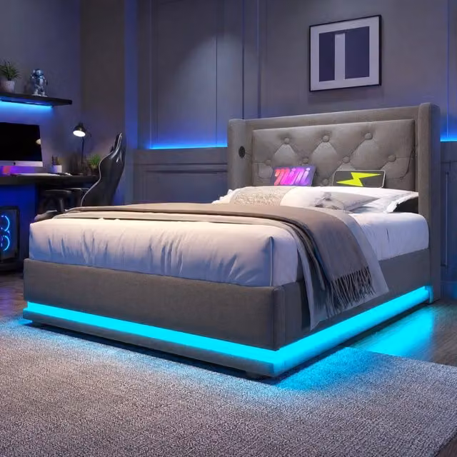 Letto singolo contenitore 90 × 200 cm in cotone grigio con testiera LED USB e USB C