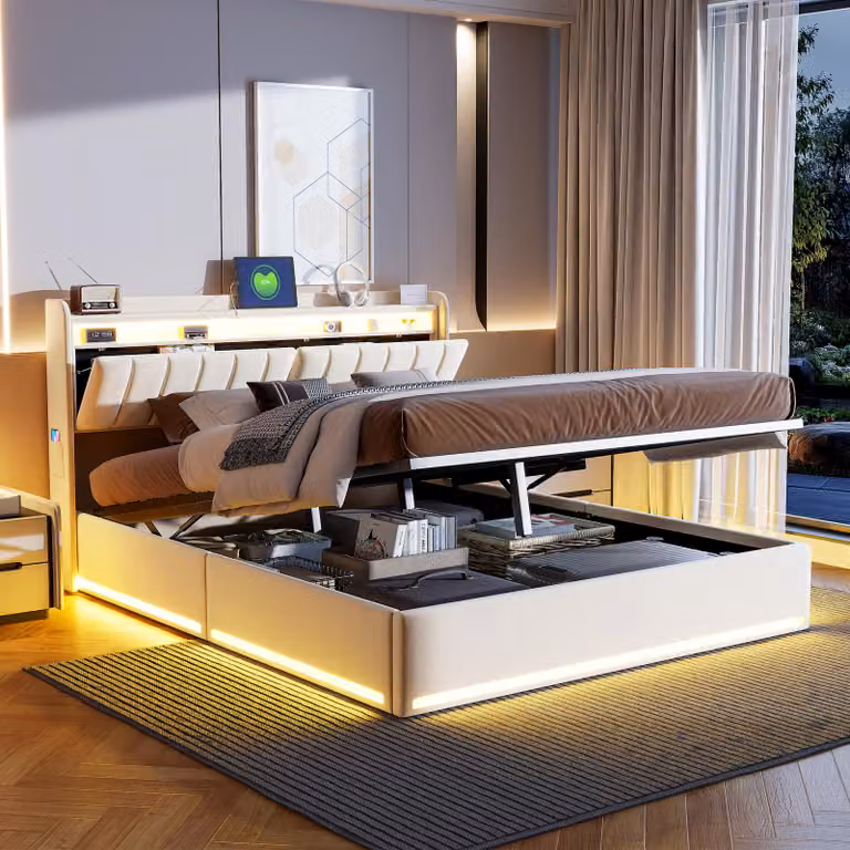 letto 140 x 200 cm con contenitore, illuminazione a LED e connessione di ricarica USB, letto matrimoniale con contenitore, rete a doghe, rivestimento in velluto, beige
