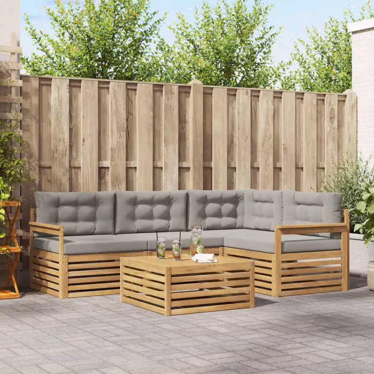 Set di divani da esterno vidaXL 6 pezzi in legno di acacia con cuscini, composizione a L con tavolo da caffè, colori bianco, grigio e marrone