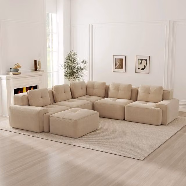 Divano angolare modulare con base antiscivolo in velluto a coste beige