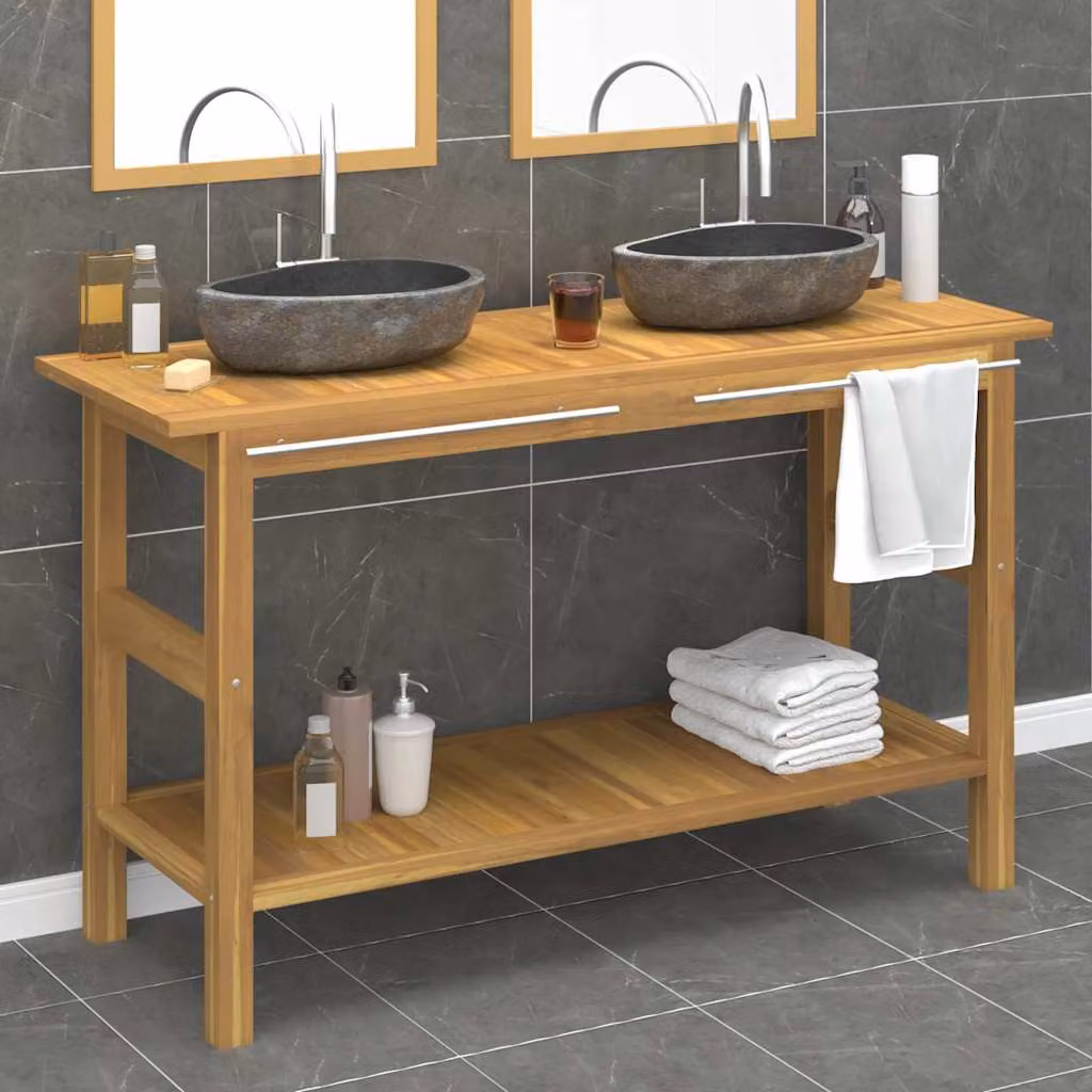 Mobile Vanità da Bagno vidaXL in Teak con Lavandini in Pietra del Fiume Marrone e Nero L/P/H: 132 x 75 x 45 cm