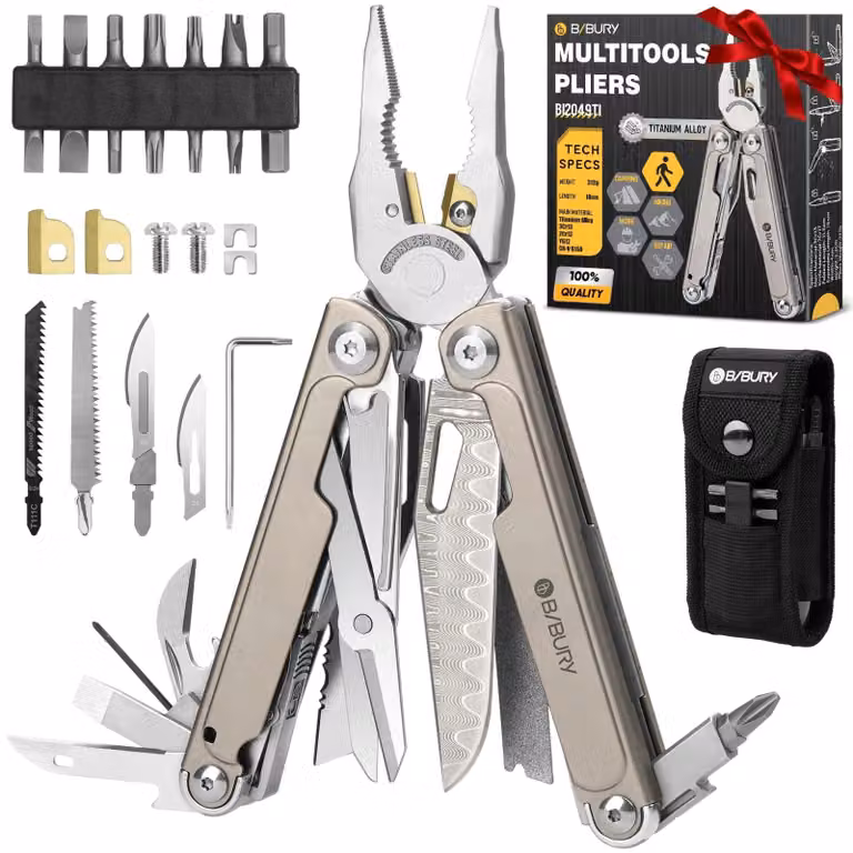 Multitool con pinze, forbici e sega intercambiabile, ideale per attività all'aperto