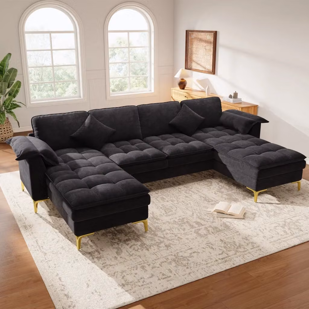 Divano panoramico a U Mivray in velluto nero con cuscini e piedi in metallo dorato L: 262 cm, P: 134 cm, H: 86 cm – 2