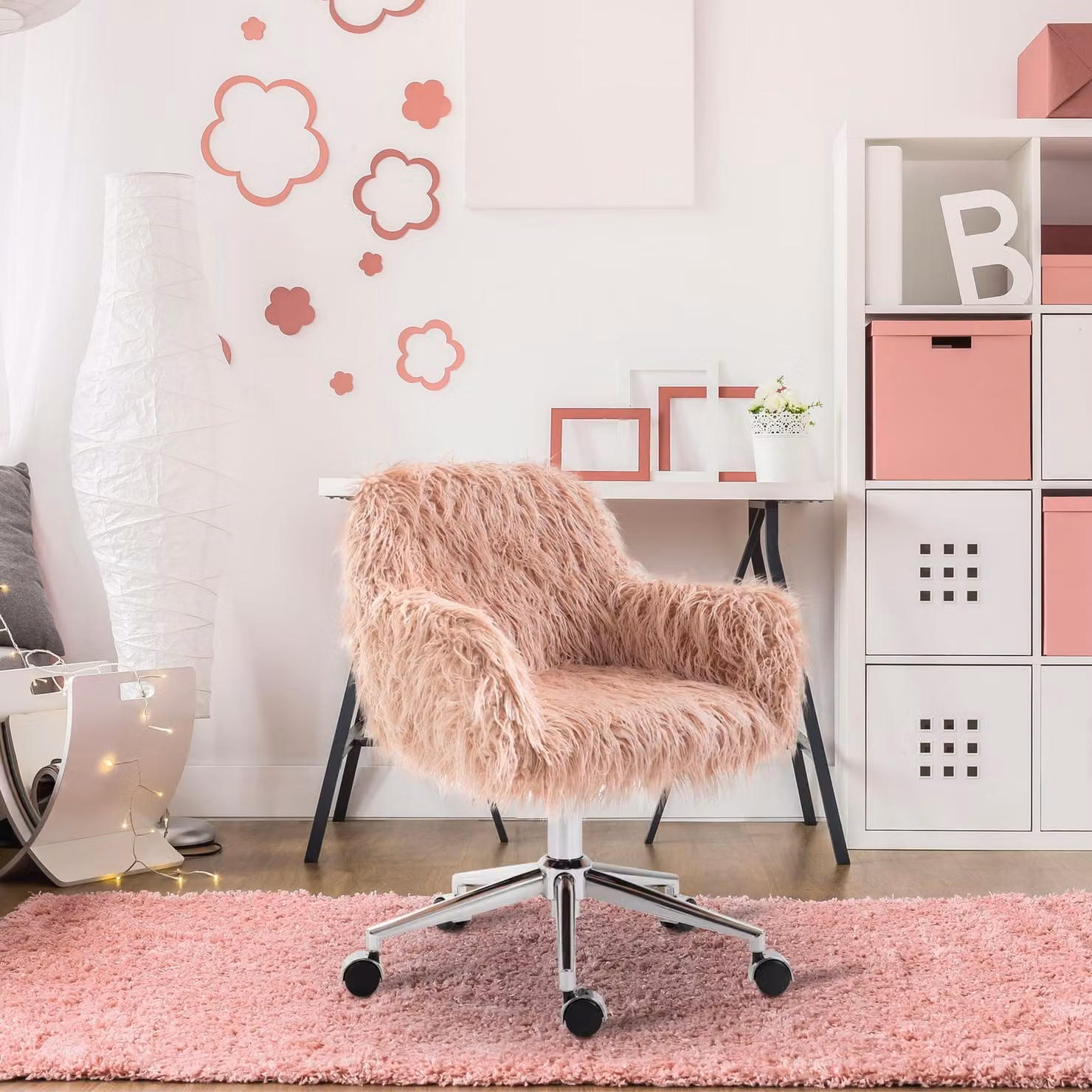 sedia da ufficio girevole da donna okwish con base in metallo argentato, sedia da scrivania regolabile in altezza sedia da parrucchiere con schienale e braccioli, rosa+argento
