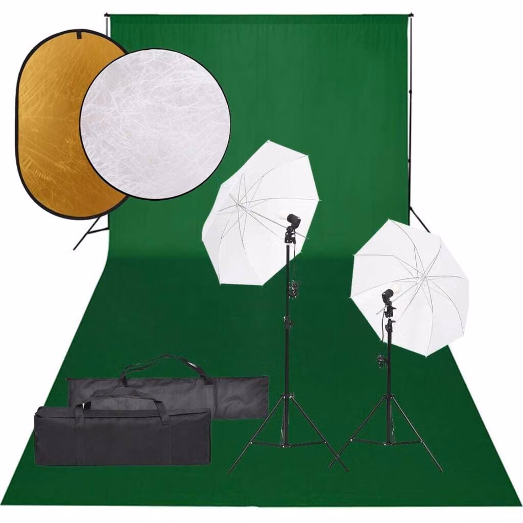 Set da studio fotografico con illuminazione, sfondo e riflettore