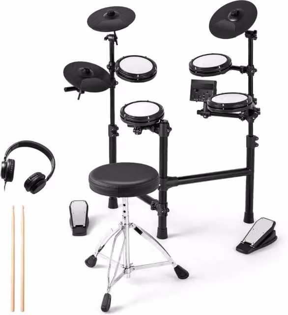 Batteria elettrica pieghevole Design Mania con tamburi a rete, piatti e metronomo, colore Nero