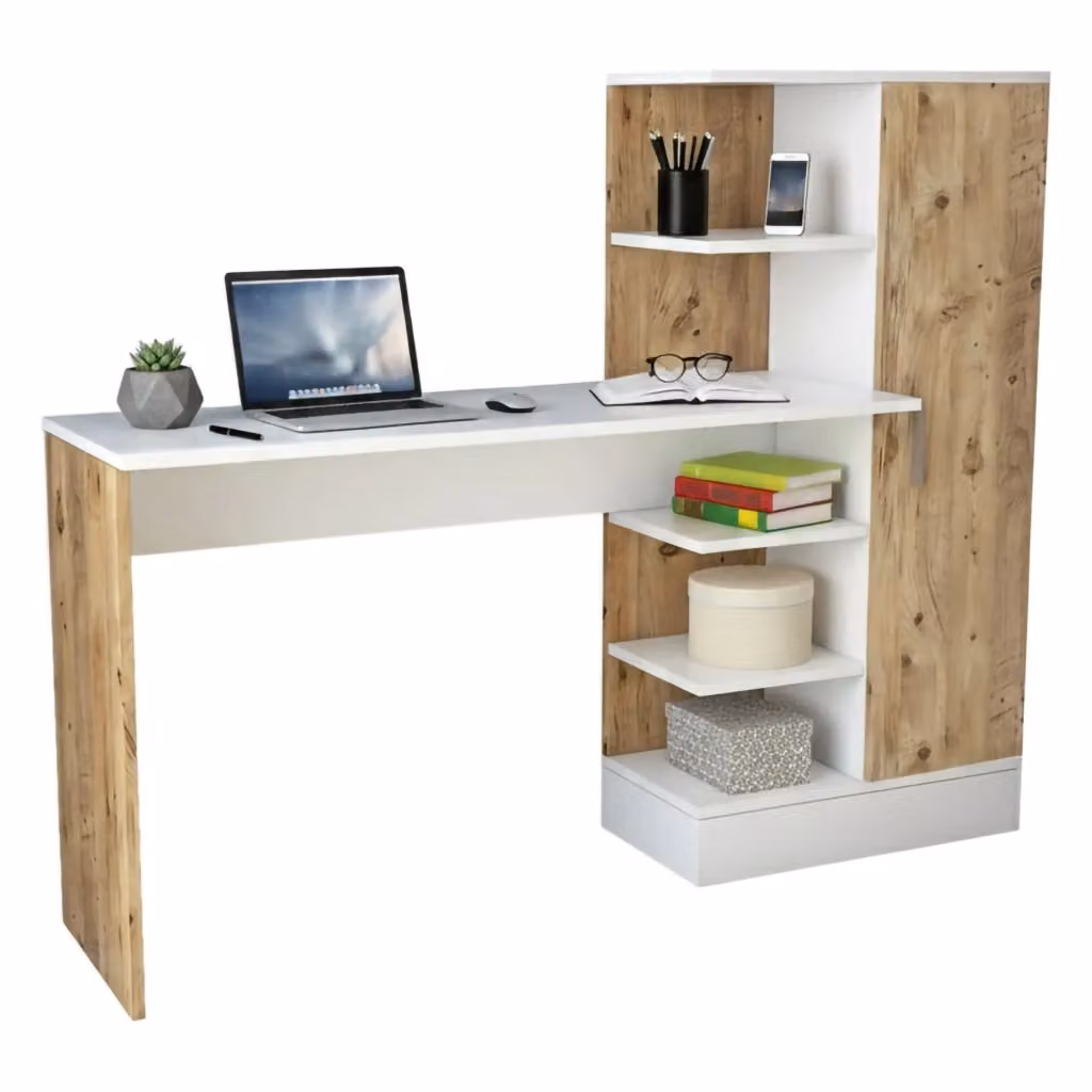Scrivania DMORA moderna per ufficio e casa, piano di lavoro per computer, L/P/H: 152 x 40 x 120 cm, Quercia e Bianco – 2