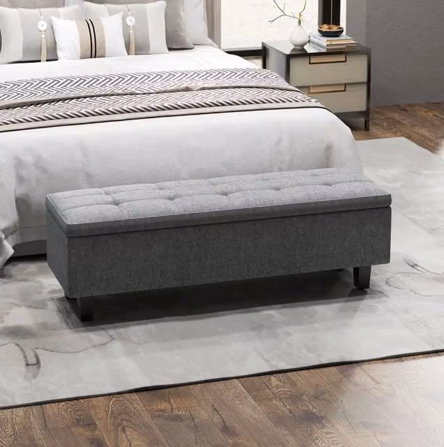Panca imbottita con vano contenitore in tessuto grigio con struttura in legno L/P/H: 138 x 40 x 45 cm