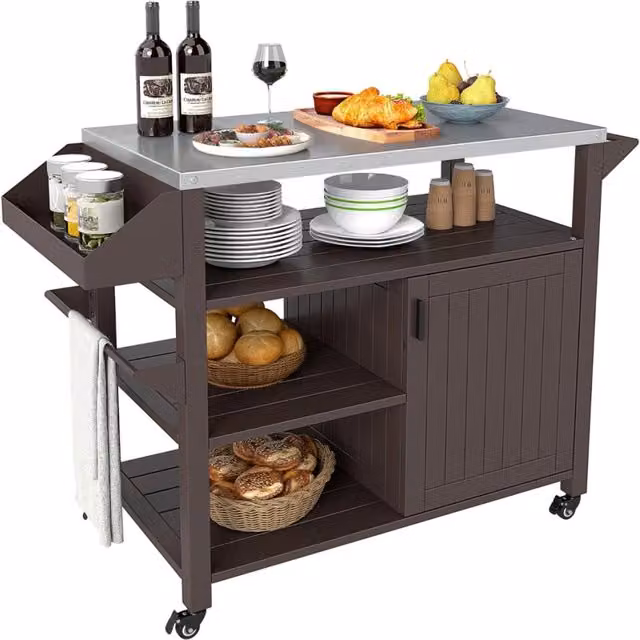 Carrello per grill da esterno con portaspezie per barbecue, Isola da cucina portatile in metallo su ruote
