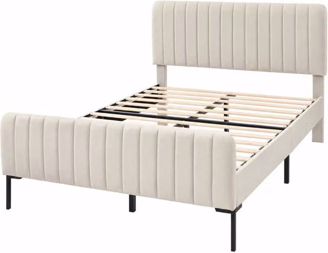 Letto singolo imbottito 140x200 cm con testiera regolabile in lino grigio-beige, struttura in legno massello e metallo