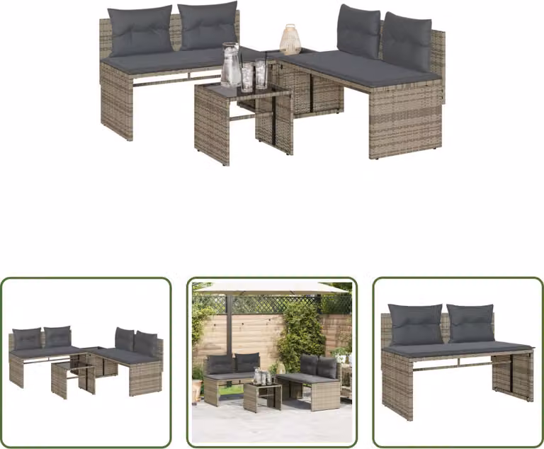 The Living Store Set di divani da giardino 4 pezzi con cuscini in poly rattan grigio