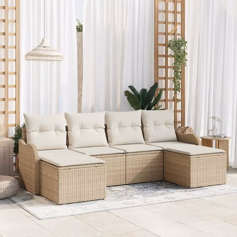 Set Divano da Giardino vidaXL 6 pz Beige in Polyrattan con Cuscini e Struttura in Metallo