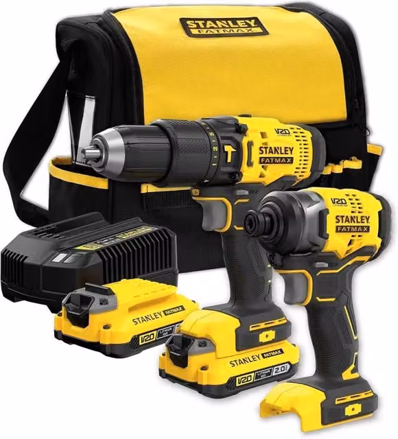 Stanley Kit FatMax SFMCK465D2S Giallo con Avvitatore SFMCD711, Taglierina SFMCF800, 2 Batterie da 2,0 Ah, Caricabatterie e Borsa