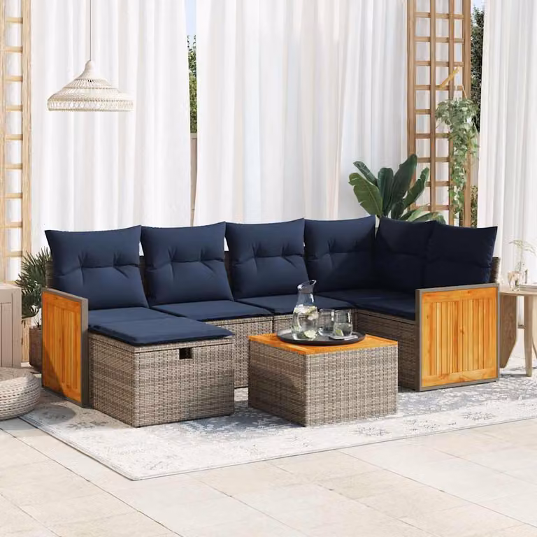 Set di divani da giardino vidaXL 7 pezzi in polyrattan con cuscini grigi e tavolino per esterno a forma di L