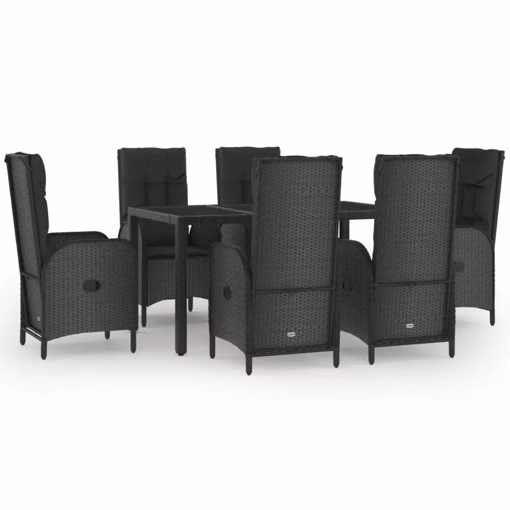 Set da Pranzo da Giardino Moderno vidaXL in Polyrattan con Cuscini e Tavolo in Vetro, 7 Pezzi, Nero e Grigio – 2