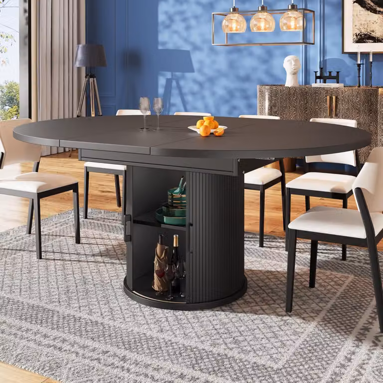 Tavolo da pranzo ovale allungabile, dimensioni 118-158 x 118 x 76,8 cm, colore nero, con spazio contenitivo