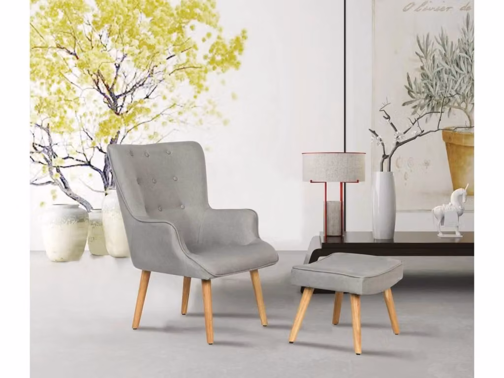 Poltrona Odense in stile scandinavo con pouf, rivestimento in tessuto grigio e struttura in legno – 2