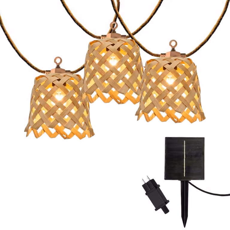 Stringa luminosa da esterno collegabile con 10 tonalità di bambù naturale NOYA LIGHT HYBRID LED bianco caldo 8m alimentata a energia solare e a rete