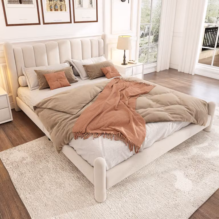 Letto imbottito MODFU 180x200 con materasso, struttura letto per giovani con rete a doghe e testiera, letto matrimoniale con gambe cilindriche, color beige
