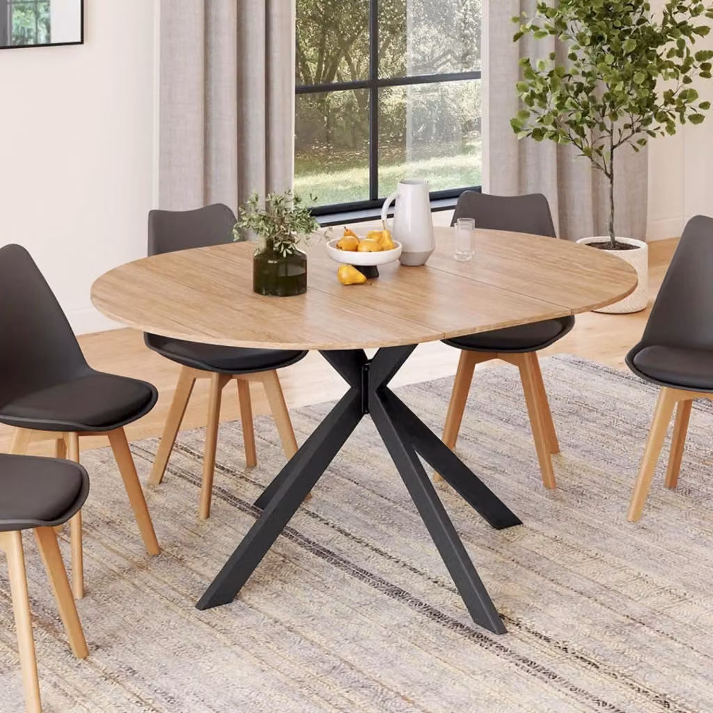 IDMarket Tavolo da pranzo allungabile ALIX rotondo per 4-8 persone nero e marrone con gambe in legno in stile industrial L: 110-150 cm, P: 110 cm, H: 76 cm – 2