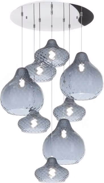 Lampadario a sospensione contemporaneo Dress Top Light in metallo cromato e vetro blu con 8 luci E27 e altezza regolabile