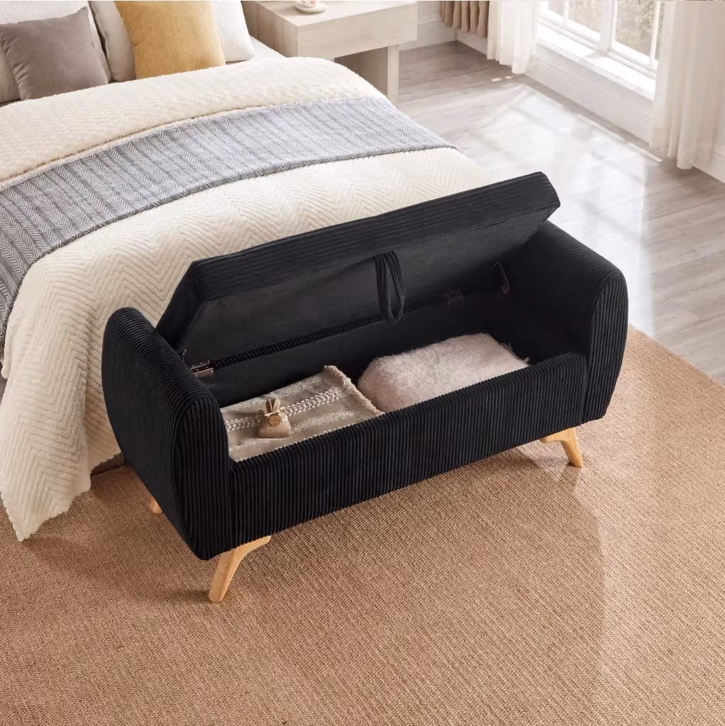 Panca contenitore pieghevole MODFU in velluto a coste nero con gambe in legno L: 150 cm, P: 51 cm, H: 57 cm – 2