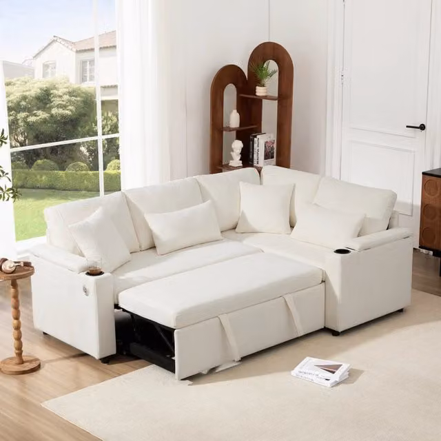 Divano angolare convertibile 4 posti 206;5 x 141 x 86 cm; vano contenitore; portabicchieri; USB; ripiano del bracciolo; 4 cuscini; ciniglia; beige