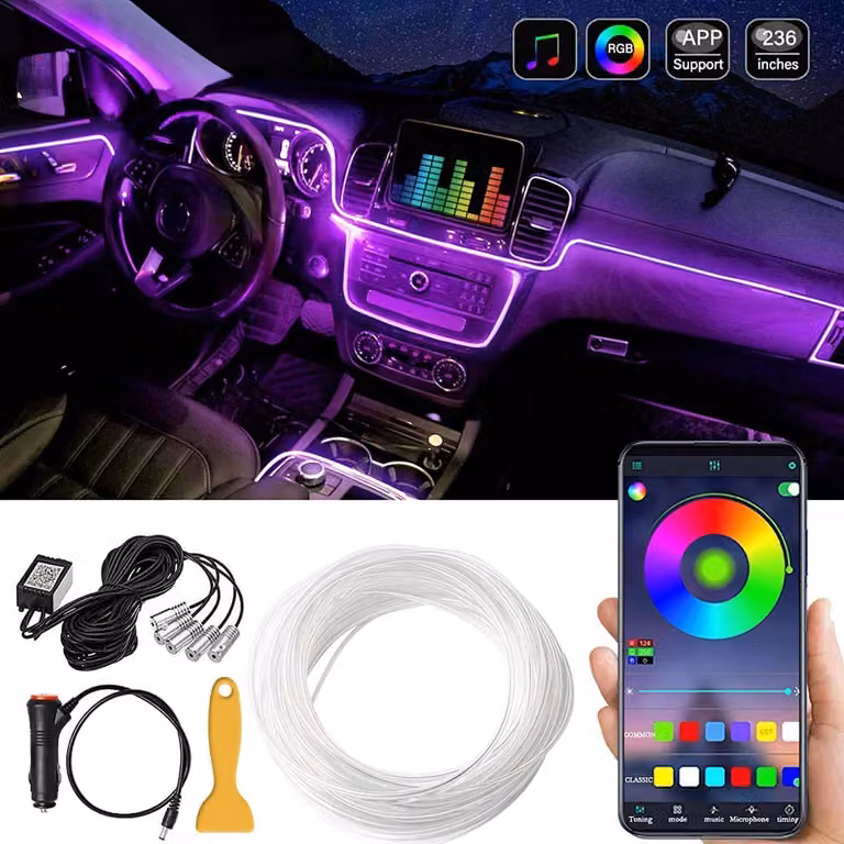 Illuminazione interna per auto a LED, con 16 milioni di colori, sistema di guida luminosa da 5,8 metri, controllo RGB sensibile al suono, controllo tramite app