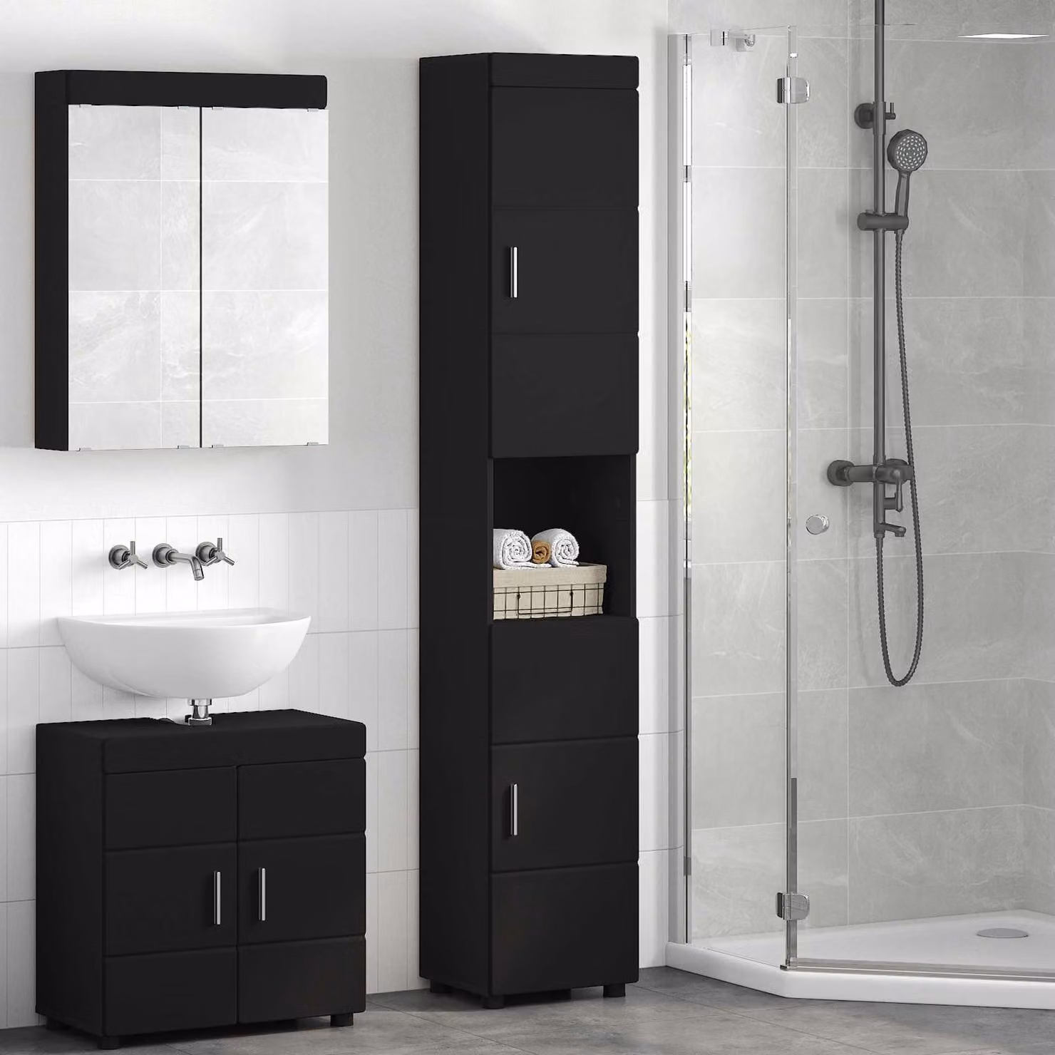 Set di armadi da bagno vidaXL TULUM moderni in MDF nero con ante a cerniera e ripiani interni L/P/H: 37 x 31,5 x 203 cm