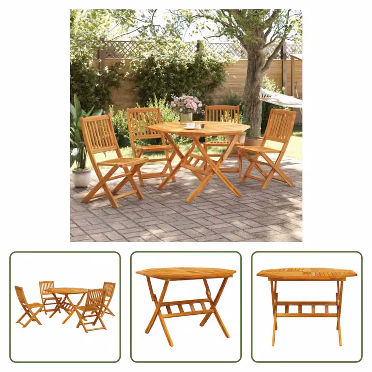 The Living Store Set da pranzo da giardino 5 pz. Set da pranzo da giardino pieghevole in legno massiccio di acacia