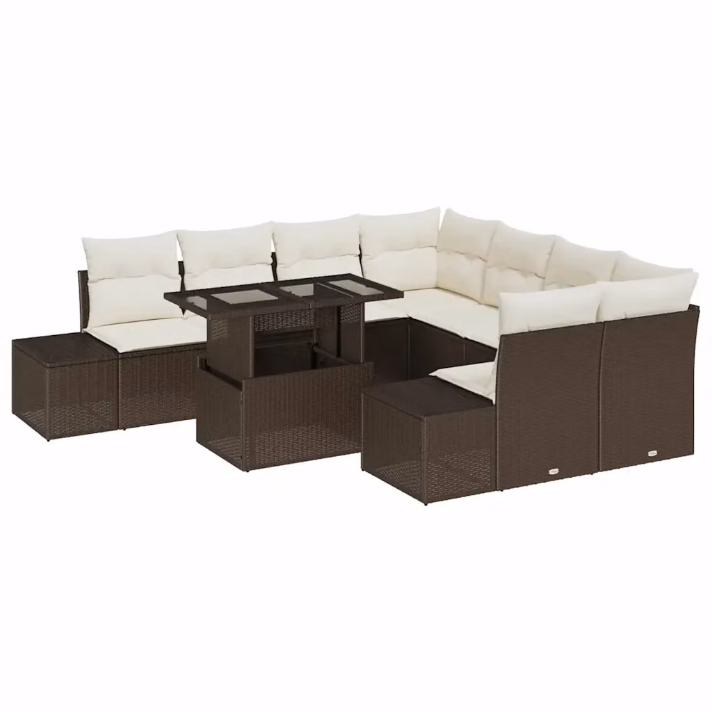 Set Divano da Giardino vidaXL 9 pz in Polyrattan Marrone e Beige con Cuscini e Tavolino da Caffè – 2