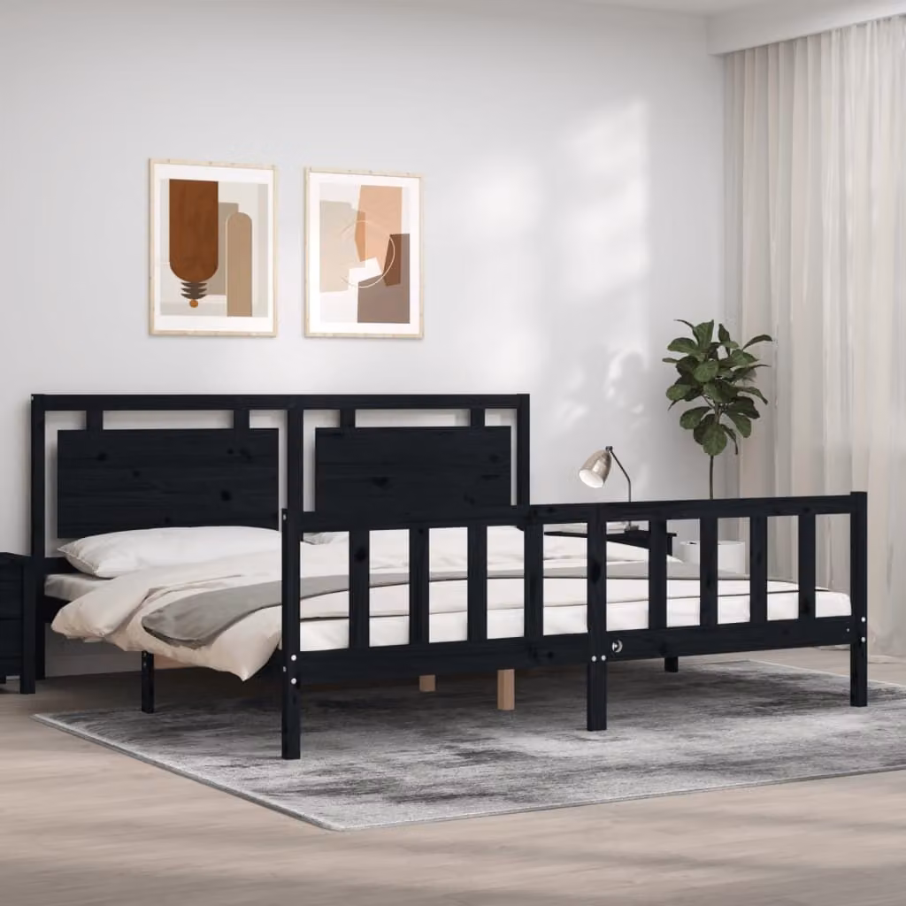The Living Store Letto in legno massiccio con testiera nera 200x200 cm