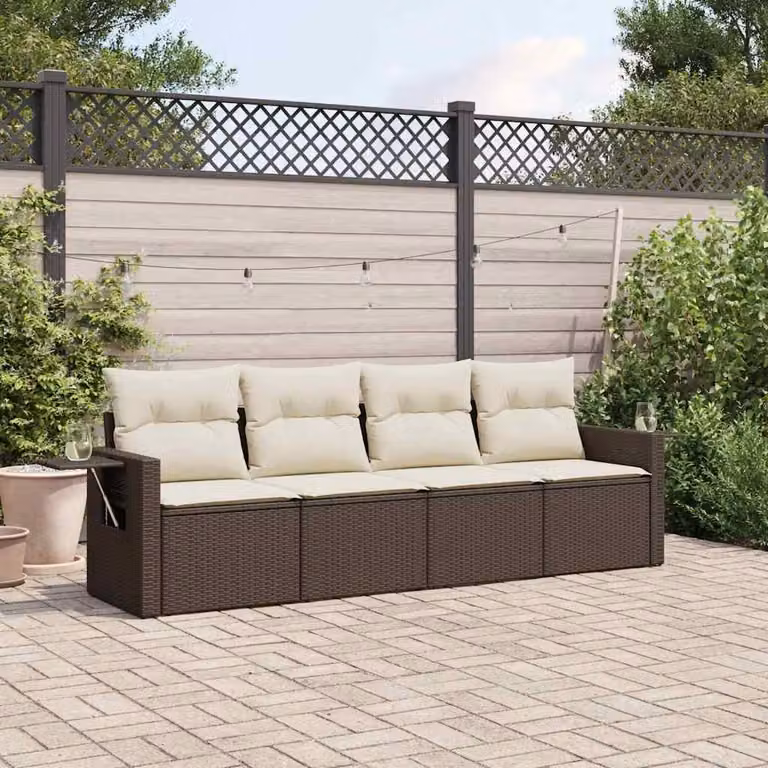 vidaXL Set Divano da Giardino 4 pz in Polyrattan Marrone con Cuscini e Tavolino