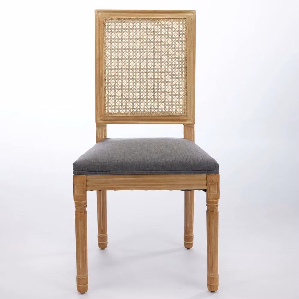 Set di 2 sedie da pranzo Minimal grigie con struttura in legno massello, schienale in rattan e seduta imbottita in tessuto di lino in stile country house – 2
