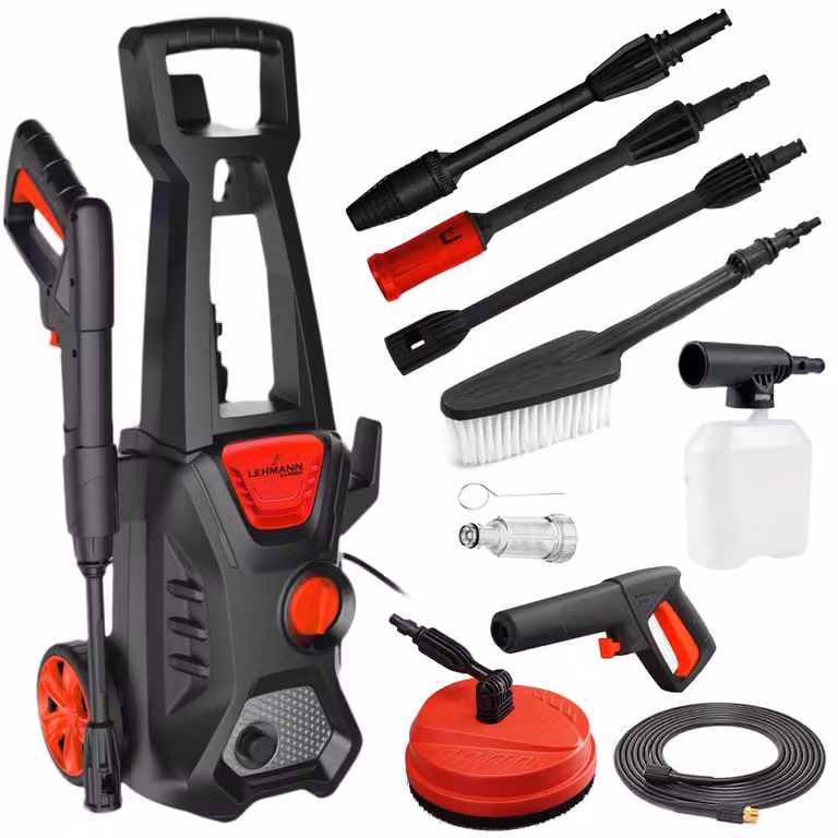 Idropulitrice elettrica - 1600W - 200 bar - Tubo flessibile da 5 metri - Colore nero e rosso - Adatta per uso domestico, giardino e auto