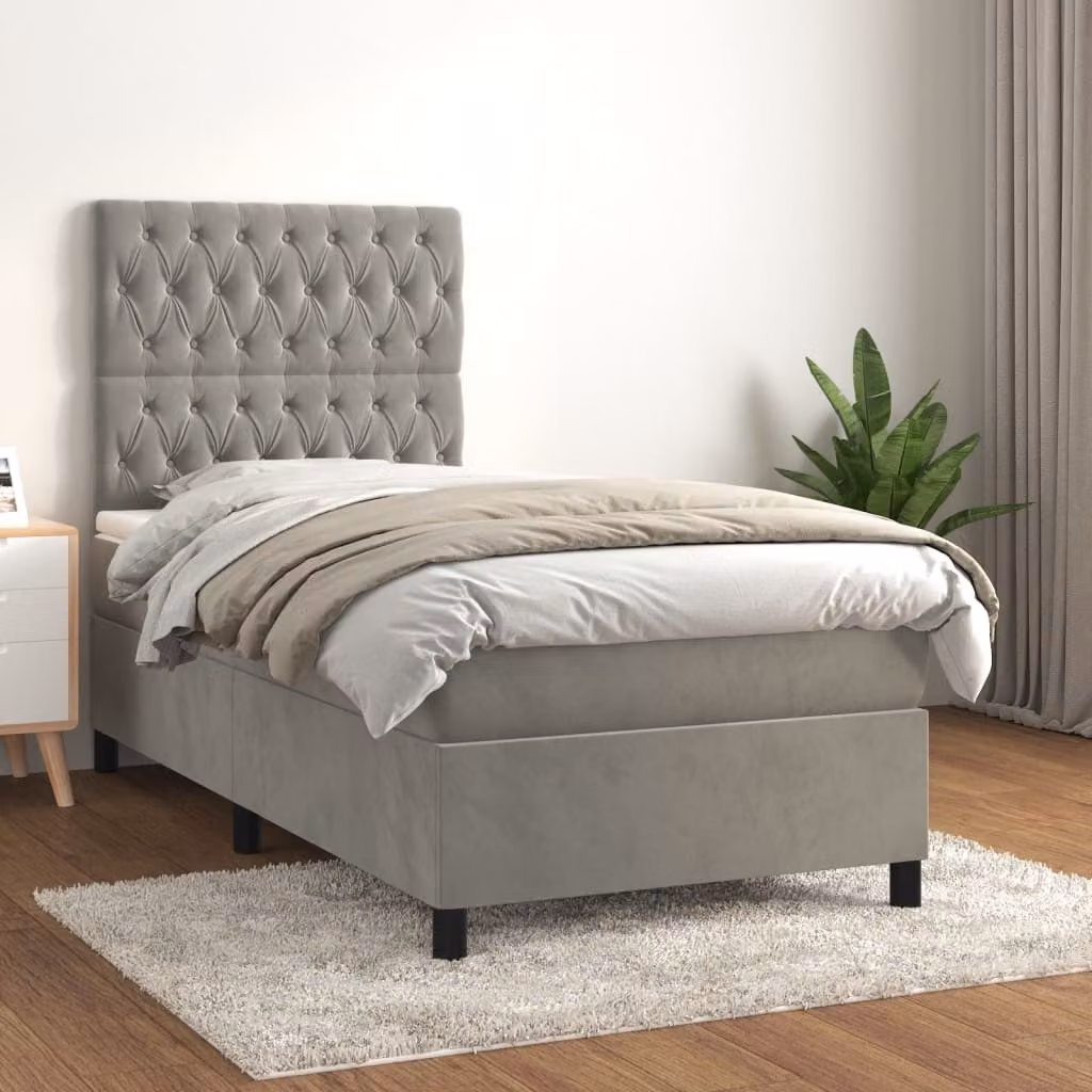 Letto Ibrido vidaXL con Giroletto a Molle e Materasso in Velluto Grigio Chiaro e Bianco, L/P/H: 90 x 200 cm