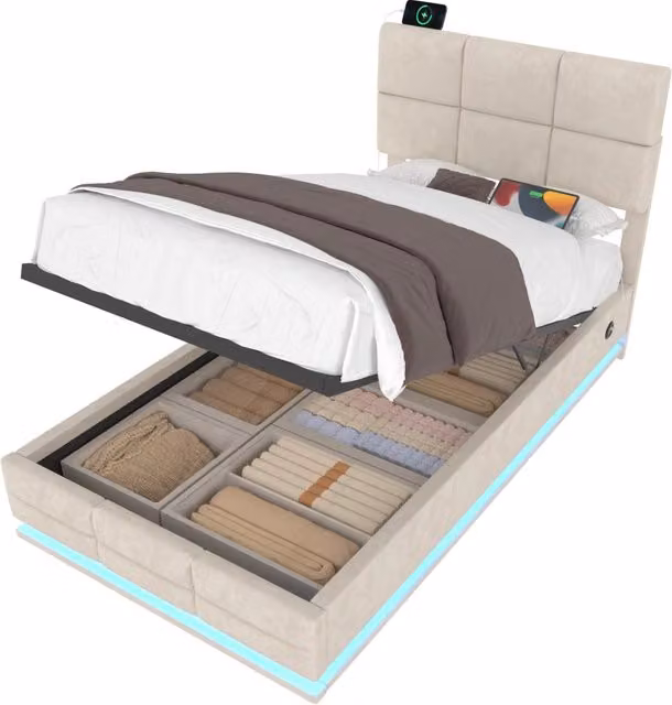 Letto contenitore 90x200 cm velluto beige con USB-C, LED e vano XXL, senza materasso
