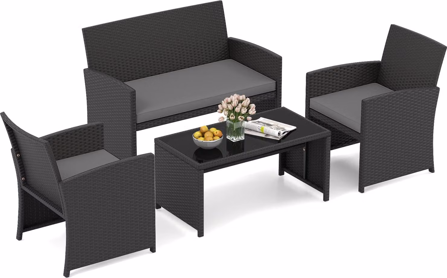 Set di mobili da giardino in polyrattan COSTWAY, mobili da esterno, set composto da 2 sedie, panca, tavolo e cuscini, mobili da terrazza, set da giardino grigio