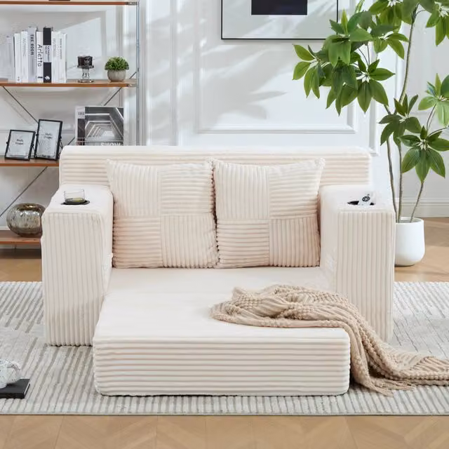 Divano letto a due posti beige in velluto a coste con contenitori laterali