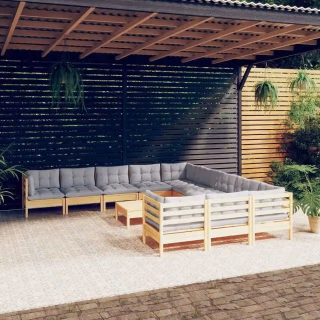 Set di Divani da Giardino vidaXL a Forma di U in Legno di Pino con Cuscini Grigi – 1