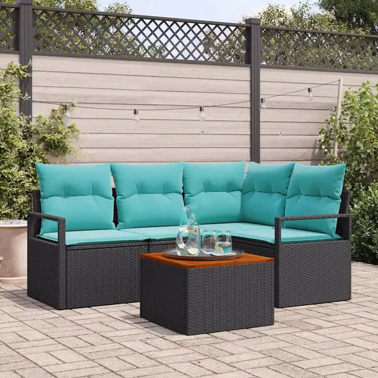 Set Divano da Giardino vidaXL 5 pz a L con Tavolino Nero in Polyrattan e Acciaio