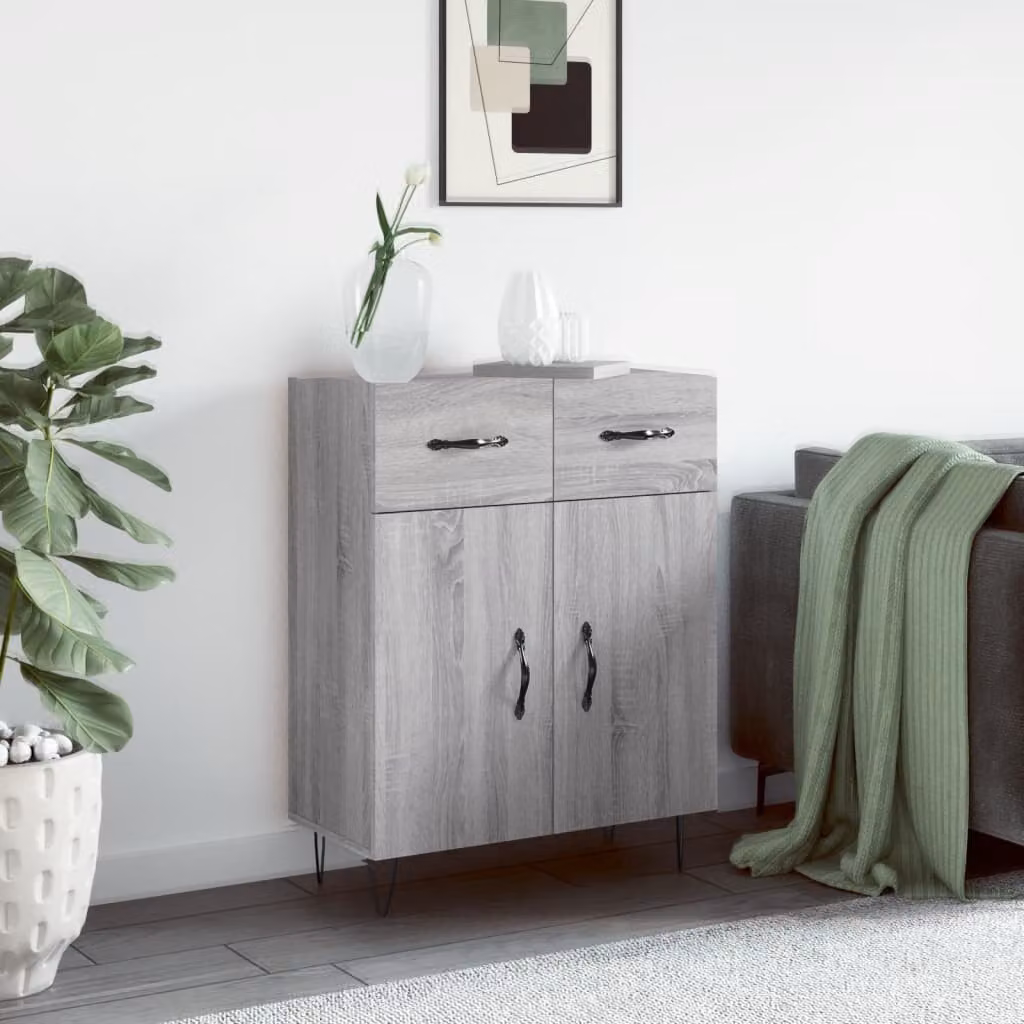 Credenza moderna vidaXL in legno multistrato e metallo, Grigio Sonoma, L: 69,5 cm, P: 34 cm, H: 90 cm