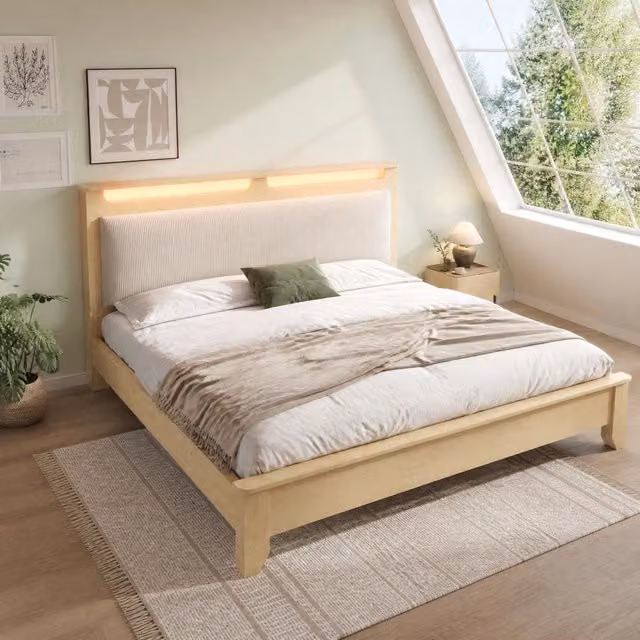 Letto matrimoniale 180x200 cm in corduroy beige con testiera contenitore e LED