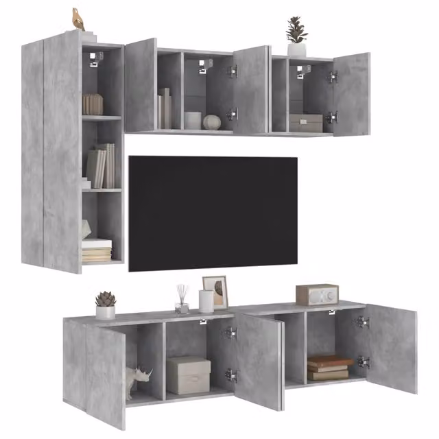 Mobili TV a Muro con LED 5pz Grigio Cemento Legno Multistrato 3216467
