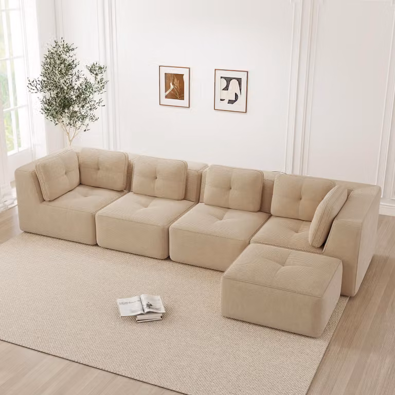 Divano modulare per soggiorno, senza necessità di montaggio, 4 posti, rivestito in corda, seduta profonda, antiscivolo (beige)