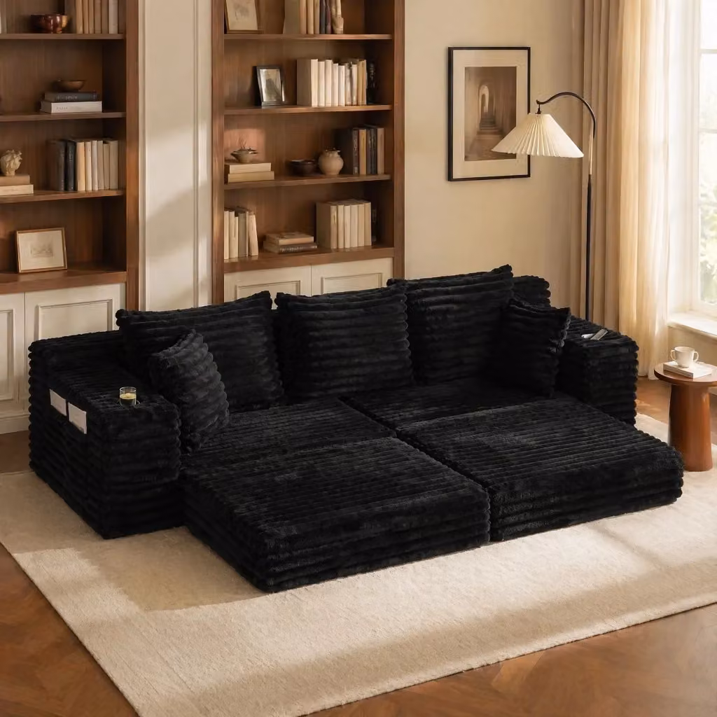 Divano letto combinabile Mivray in tessuto a coste nero con schienale alto, tasche laterali portabevande e cuscini inclusi – 2