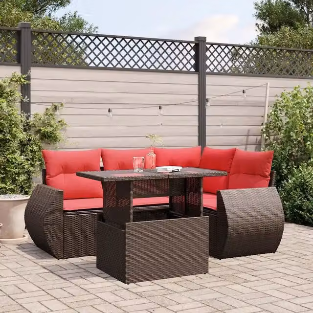 Set Divani da Giardino 5 pz con Cuscini Marrone in Polyrattan 3268514
