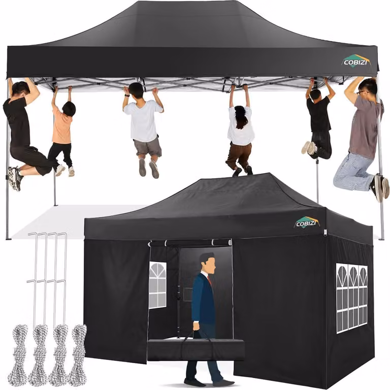 Gazebo da esterno 3x4,5 metri, impermeabile, stabile, con 4 pareti laterali, colore nero