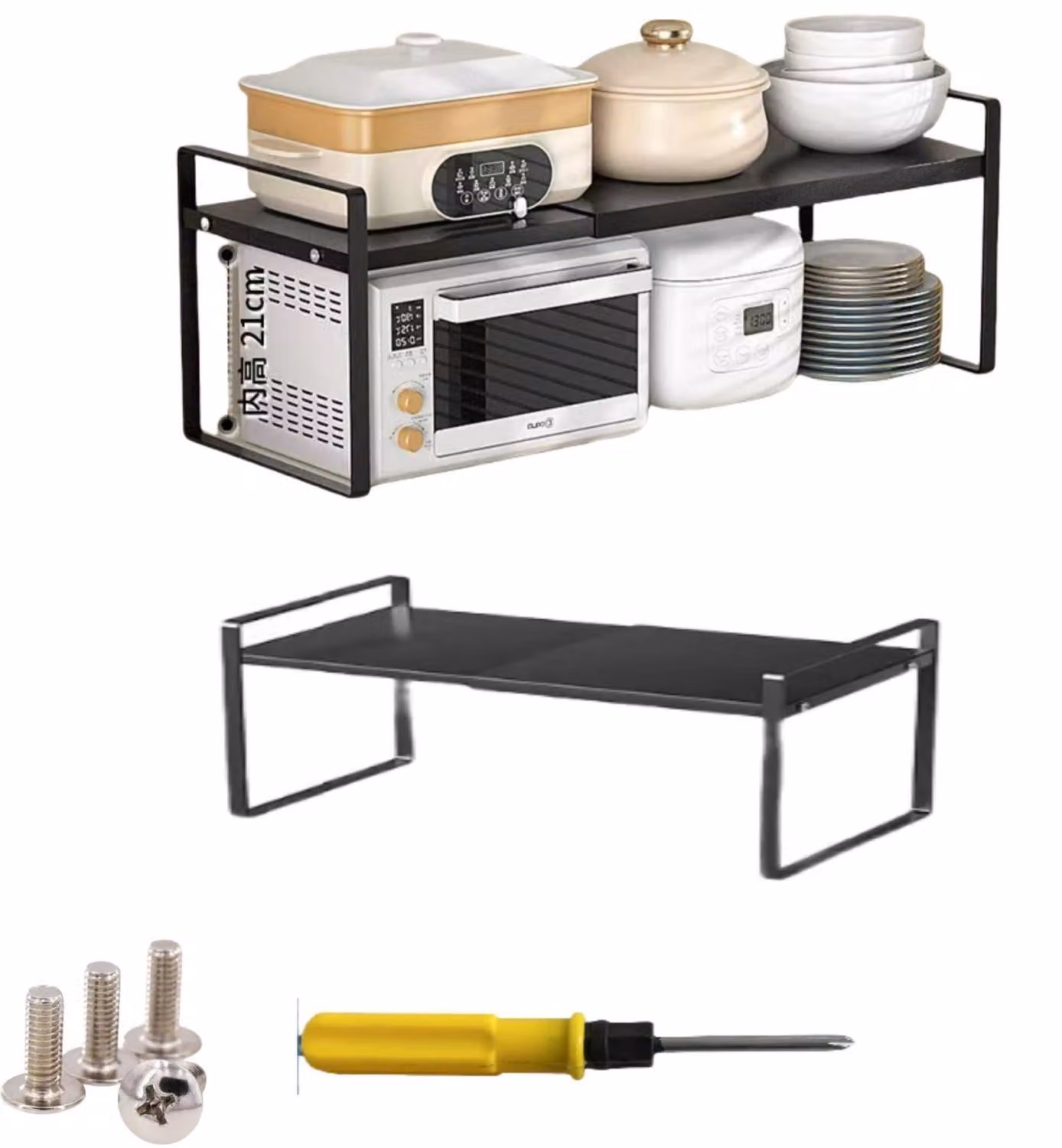 Organizzatore per scaffali da cucina, estensibile, in metallo, dimensioni 35-65x27x25 cm, colore nero, confezione da 2 pezzi
